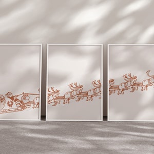 Set of 3 Retro Christmas Santa Claus + Reindeer Prints | Instant Download Printable Xmas Wall Art | Christmas Wall Art Print Sketch