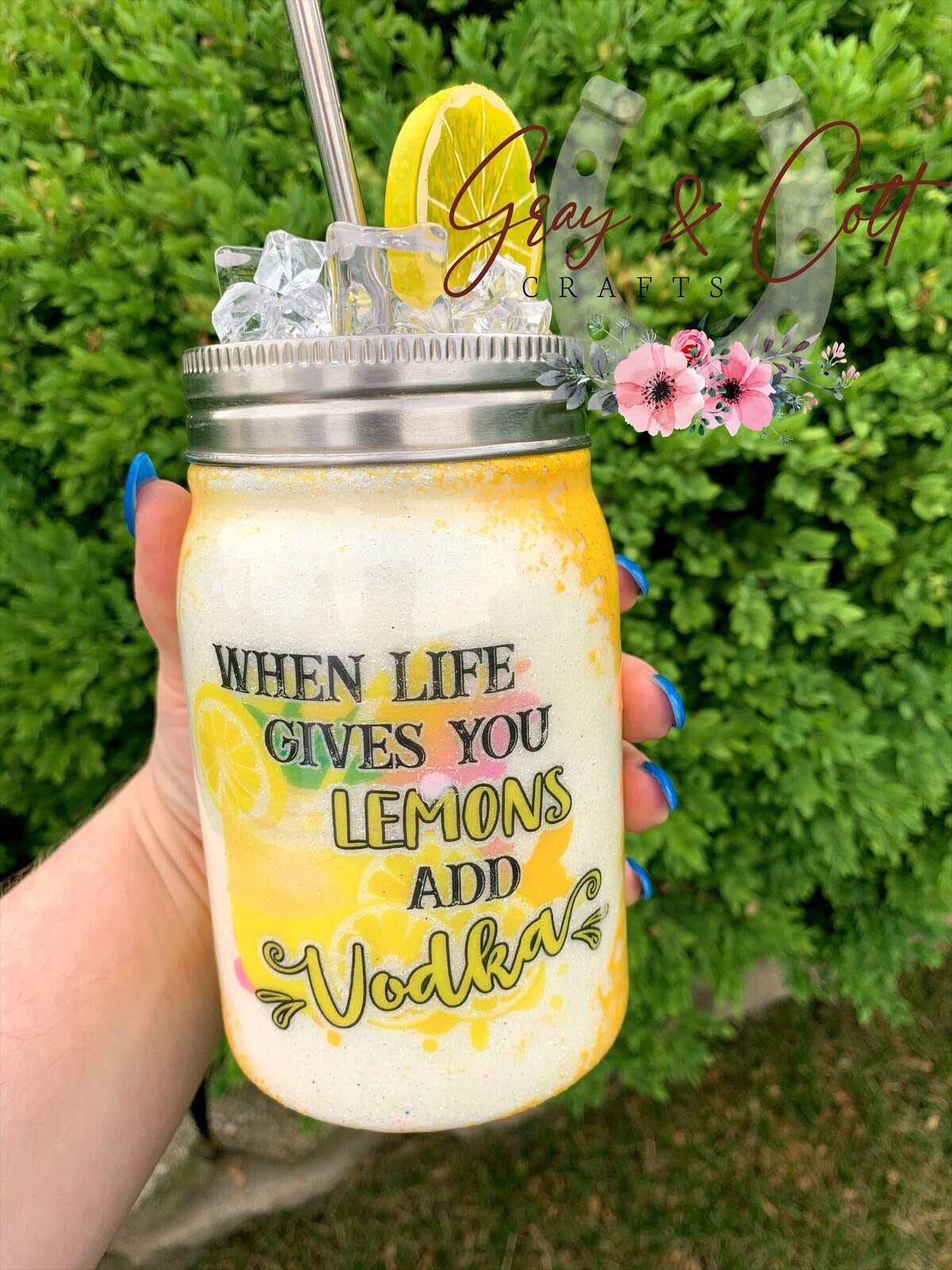 Lemonade Glitter Stainless Steel Mason Jar with Faux Lemon and Etsy