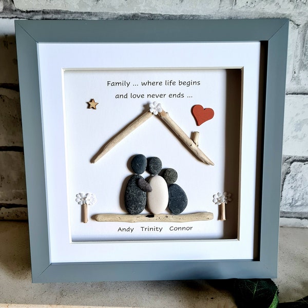 Pebble art Family frame. Bespoke pebble art personalized . Unique pebble art gift. New home, New baby, Custom made family Pebble picture