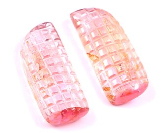 Hand Carved Bio Tourmaline Gemstone Pair, Fancy Cut (11x24mm, 25 Carat)