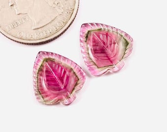 Hand Carved Tourmaline Gemstone Pair, Leaf Carving (14x15.50mm)