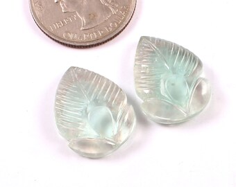 Aqua Tourmaline Gemstone Pair, Hand Carved Leaf Design (16x21mm)