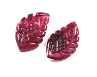 Hand Carved Bio Tourmaline Gemstone Pair, Leaf Carving (10x17mm, 6.50 Carat)