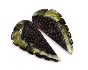 Hand Carved Tourmaline Leaf Gemstone Pair, Natural Bio Tourmaline (19x42mm)