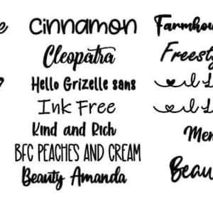 May include: A list of cursive font names, including "Billy Signature", "Brownie Steel", "Brush Script MT", "Buttercup Script", "Carley", "Chipoky", "Cinnamon", "Cleopatra", "Hello Grizelle sans", "Ink Free", "Kind and Rich", "BFC Peaches and Cream", "Beauty Amanda", "Farmhouse Christmas", "Freestyle Script", "I Love Glitter", "Mendoan Script", and "Beauty Bailey".