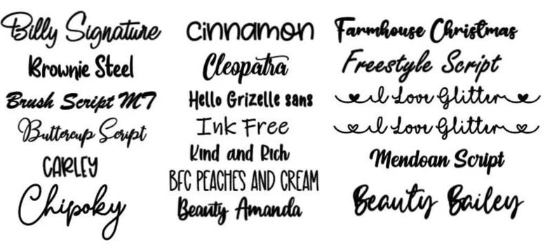 May include: A list of cursive font names, including "Billy Signature", "Brownie Steel", "Brush Script MT", "Buttercup Script", "Carley", "Chipoky", "Cinnamon", "Cleopatra", "Hello Grizelle sans", "Ink Free", "Kind and Rich", "BFC Peaches and Cream", "Beauty Amanda", "Farmhouse Christmas", "Freestyle Script", "I Love Glitter", "Mendoan Script", and "Beauty Bailey".