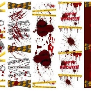 May include: Five vertical strips with a Halloween theme. Each strip features a different design, including blood splatters, handprints, and crime scene tape with the text "CRIME SCENE DO NOT CROSS". One strip features the text "HAPPY HALLOWEEN".