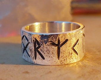 Rune ring amulet. Spiritual Growth and Protection, rustic sterling silver ring with Celtic, Viking runes formula