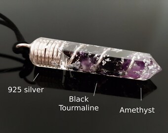 Orgonite Orgone pendant necklace, Black Tourmaline, Amethyst, 925 silver - Magic, Alchemy amulet charm, Reiki