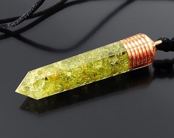 Orgonite Orgone pendant necklace, peridot, copper 24k gold. Reiki crystal healing chakra pendant. Money amulet.