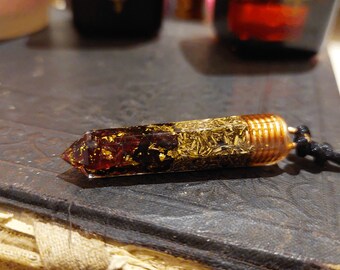 Orgonite orgone pendant, Garnet, 24k gold, copper, brass. Wealth, Money, luck, Love. Reiki infused wealth talisman amulet