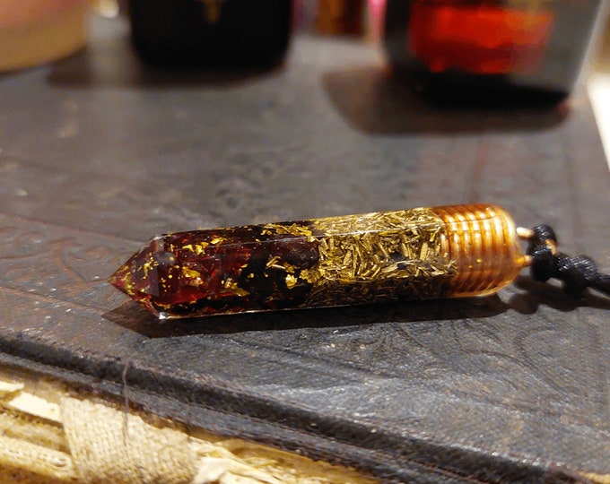 Orgonite orgone pendant, Garnet, 24k gold, copper, brass. Wealth, Money, luck, Love. Reiki infused wealth talisman amulet