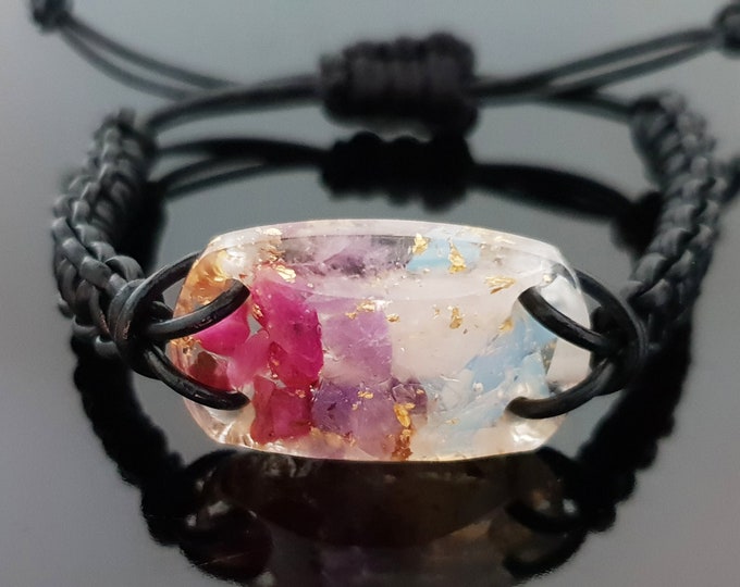 Orgonite Orgone bracelet, Ruby, Amethyst, Rose quartz, moonstone, 24k gold, Reiki amulet, love, passion, harmony