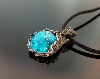 Orgonite pendant, charm, necklace, Blue apatite with silver, glow in dark. Powerful amulet