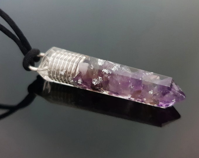 Orgonite orgone pendant necklace. Amethyst and silver amulet, charm. Crystal Reiki chakra necklace.