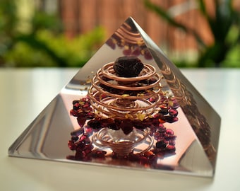 Garnet Orgonite orgone Pyramid, crystals, 24k Gold, Vortex Coil, Reiki healing pyramid, powerful strong energy.