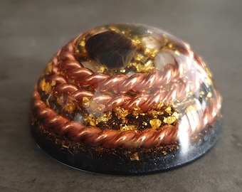 Orgonite orgone dome, 3 Tensor rings, Powerful Magic amulet, 24k gold, Moldavite, Herkimer, Saffordite, Elite Shungite