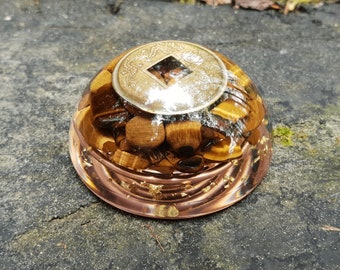 Pocket orgonite hemisphere dome, Tiger's eye orgone, Wealth, money, protection, Reiki, Alchemy, Magic amulet