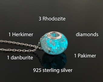 Orgone Orgonite pendant, bracelet, charm bead, High vibrations, silver, Herkimer, Danburite, Diamonds, glow in dark