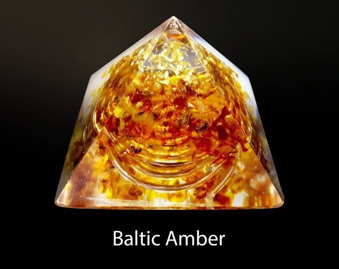 Orgonite orgone Pyramid - Natural Baltic Amber and 24k gold, wealth, health, protection amulet, home harmonization