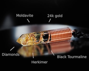 Most powerful Orgonite orgone pendant necklace. Moldavite, Diamonds, Herkimer, Black Tourmaline, high vibrations