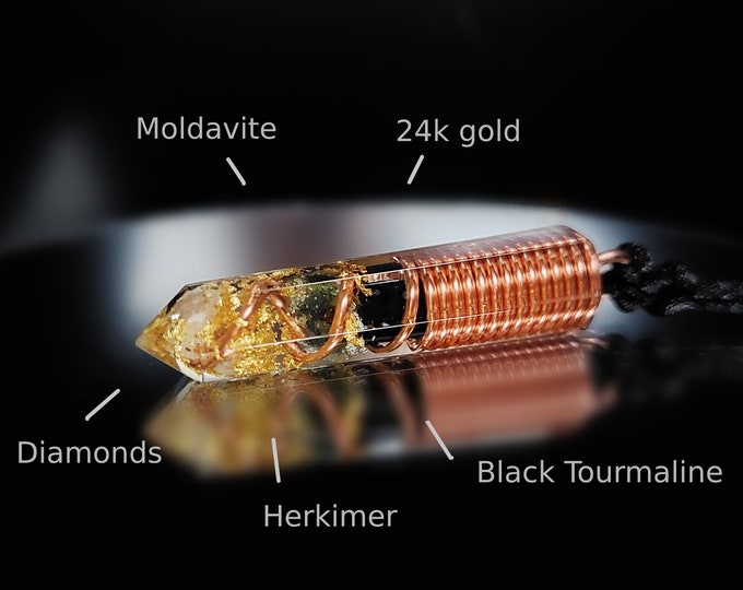 Most powerful Orgonite orgone pendant necklace. Moldavite, Diamonds, Herkimer, Black Tourmaline, high vibrations