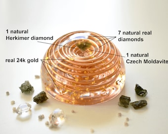 Orgonite, orgone dome, Most powerful crystals combination with vortex coil, Moldavite Herkimer, real diamonds
