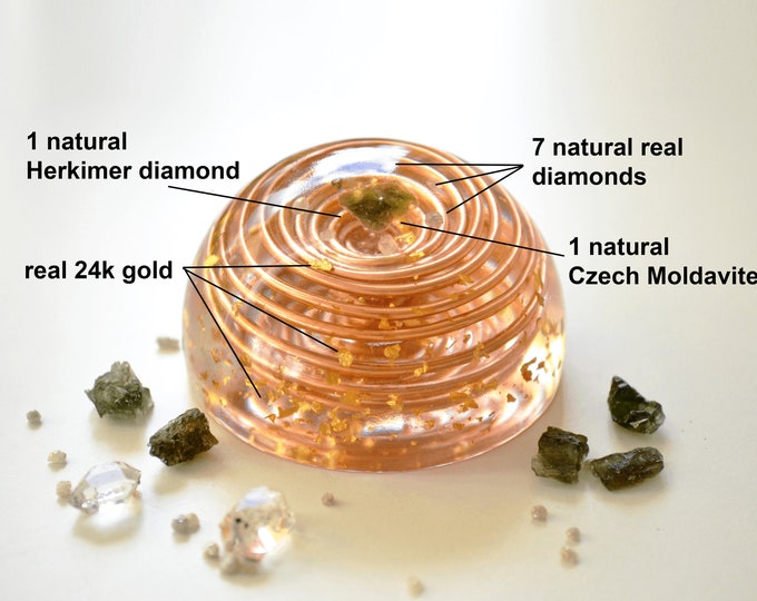 Orgonite, orgone dome, Most powerful crystals combination with vortex coil, Moldavite Herkimer, real diamonds