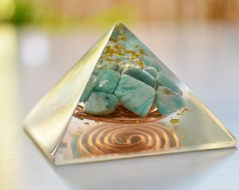 Amazonite Orgonite orgone pyramid - 24k Gold, Reiki Healing Pyramid, enchanted magic amulet, third eye activation