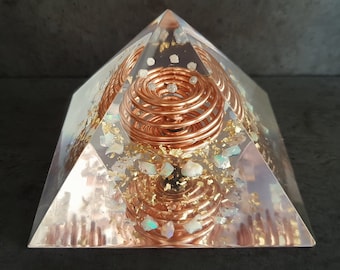 Moldavite and Opal Orgonite Orgone pyramid - Crystal pyramid - Gold Vortex Coil, Herkimer, Diamonds, Reiki Healing