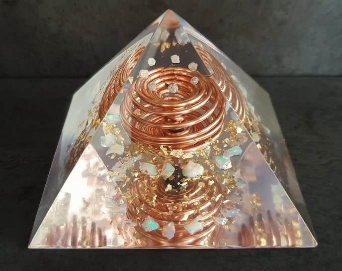 Moldavite and Opal Orgonite Orgone pyramid - Crystal pyramid - Gold Vortex Coil, Herkimer, Diamonds, Reiki Healing