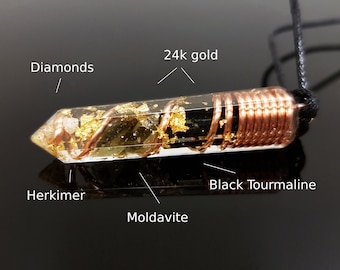 Powerful Moldavite Orgonite orgone pendant necklace, Black tourmaline, Diamonds, Herkimer. Magic amulet, Reiki
