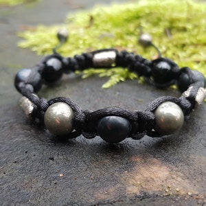 Shamballa bracelet, black agate onyx, pyrite, 99.9 pure silver rough handmade beads, programmed charm amulet