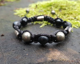 Shamballa bracelet, black agate onyx, pyrite, 99.9 pure silver rough handmade beads, programmed charm amulet