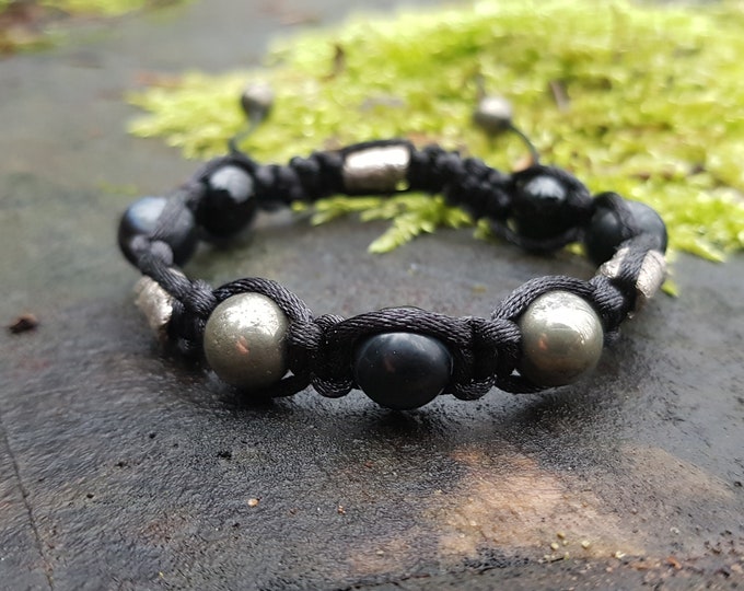 Shamballa bracelet, black agate onyx, pyrite, 99.9 pure silver rough handmade beads, programmed charm amulet