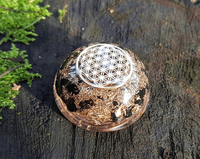 Powerful Orgone Dome Hemisphere - Black tourmaline, Shungite, Gold, brass. EMF Protection, Reiki Energy Healing