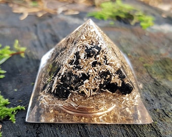 Orgonite orgone pyramid, strong EMF protection, third eye activation, brass, copper, Black tourmaline