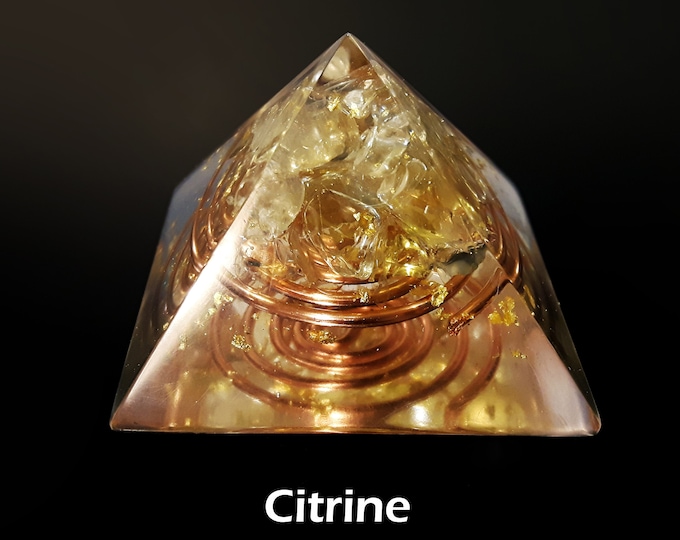 Citrine orgonite orgone pyramid vith 24k gold - joy, money attraction, energy, reiki healing, meditation