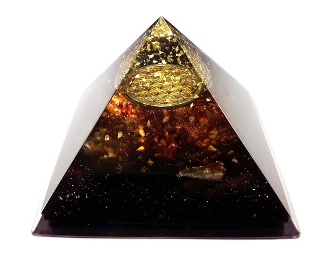 Orgonite Orgone Pyramid - Baltic Amber, wealth, flower of life, EMF protection, healing, shungite, tourmaline, quartz