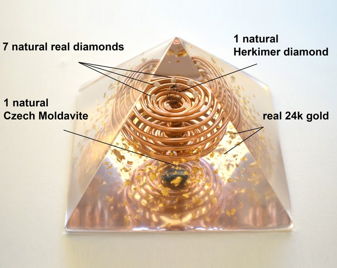 Moldavite Orgonite Orgone pyramid - Most powerful - 24k Gold, Vortex Coil, Herkimer, Diamonds, Reiki Healing