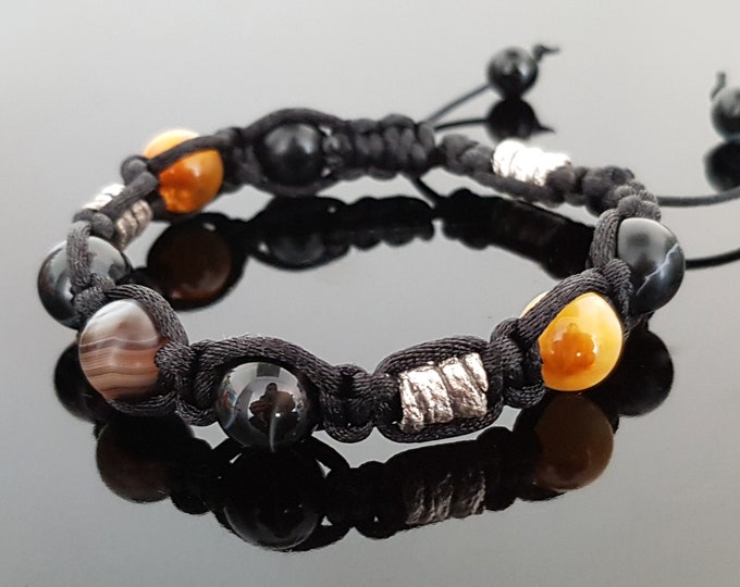 Shamballa bracelet - Agate, Onyx, Tigers eye, silver. Beaded, adjustable - EMF Protection, magic amulet, talisman