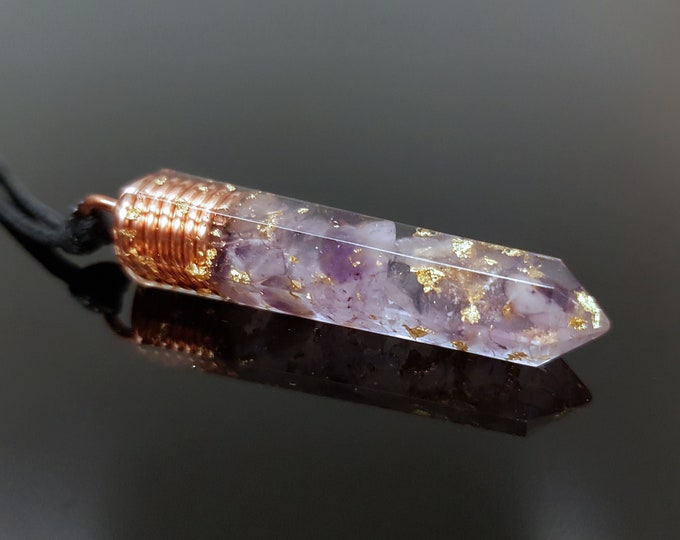 Amethyst Orgonite orgone pendant necklace. Reiki infused amulet, 24k gold and copper, chakra healing, manifestation
