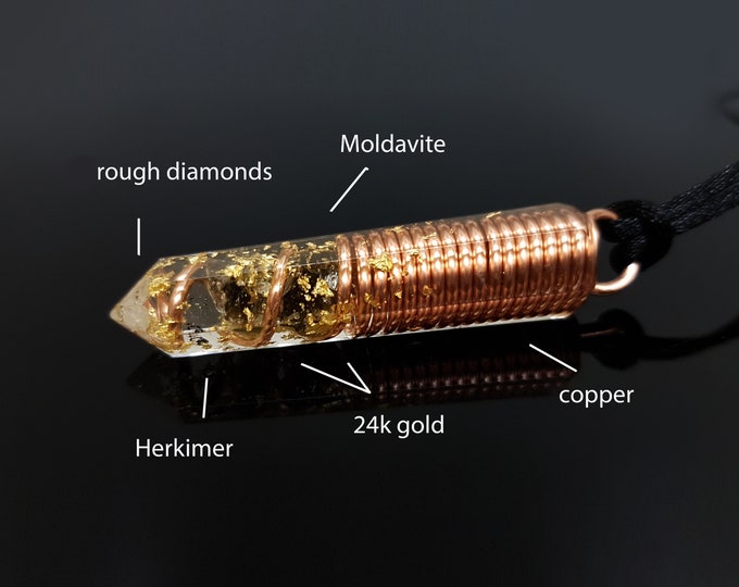Most powerful Orgonite orgone pendant necklace, Moldavite, Herkimer, Diamonds, 24k gold, copper. Magic amulet charm