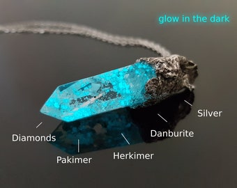 Orgonite orgone pendant necklace, amulet, charm, high vibration crystals, Diamonds, Herkimer, Danburite, glow in the dark