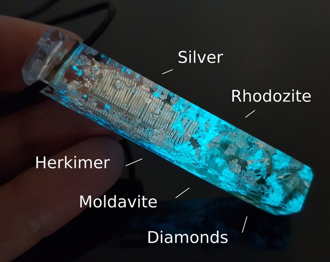 Most powerful Orgonite orgone pendant, necklace, magic amulet with Moldavite, Herkimer, glow in dark, bestseller