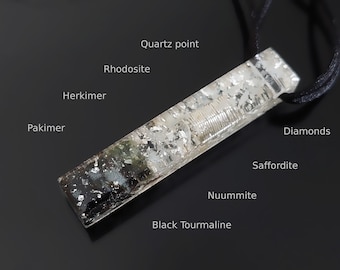 High vibration Orgonite orgone pendant, necklace. Moldavite, Herkimer, Nuummite, Saffordite, diamonds. Glow in the dark.