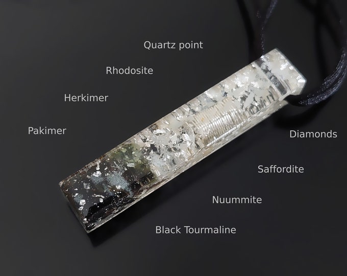 High vibration Orgonite orgone pendant, necklace. Moldavite, Herkimer, Nuummite, Saffordite, diamonds. Glow in the dark.