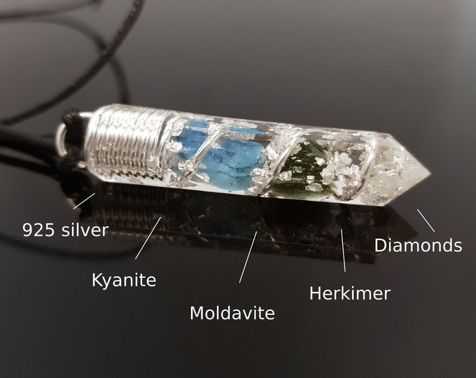 Orgonite orgone Pendant - most powerful magic amulet Necklace - Moldavite, Herkimer, Diamonds, Kyanite, silver