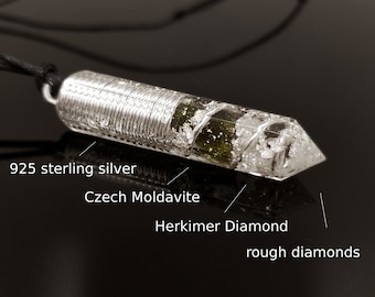 Most Powerful Orgonite Pendant - Magic amulet charm, Orgone Necklace - Moldavite, Herkimer, Diamonds, Reiki, silver