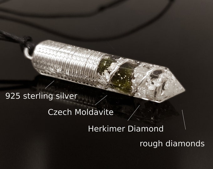 Most Powerful Orgonite Pendant - Magic amulet charm, Orgone Necklace - Moldavite, Herkimer, Diamonds, Reiki, silver